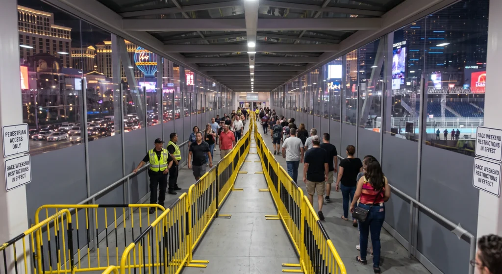 Las Vegas F1 Grand Prix Guide: What to Know Before Booking (2026) 233 Enclosed pedestrian walkway bridge with security barriers along the Las Vegas Strip during race weekend.