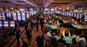 A busy Las Vegas casino floor with slot machines and table games.