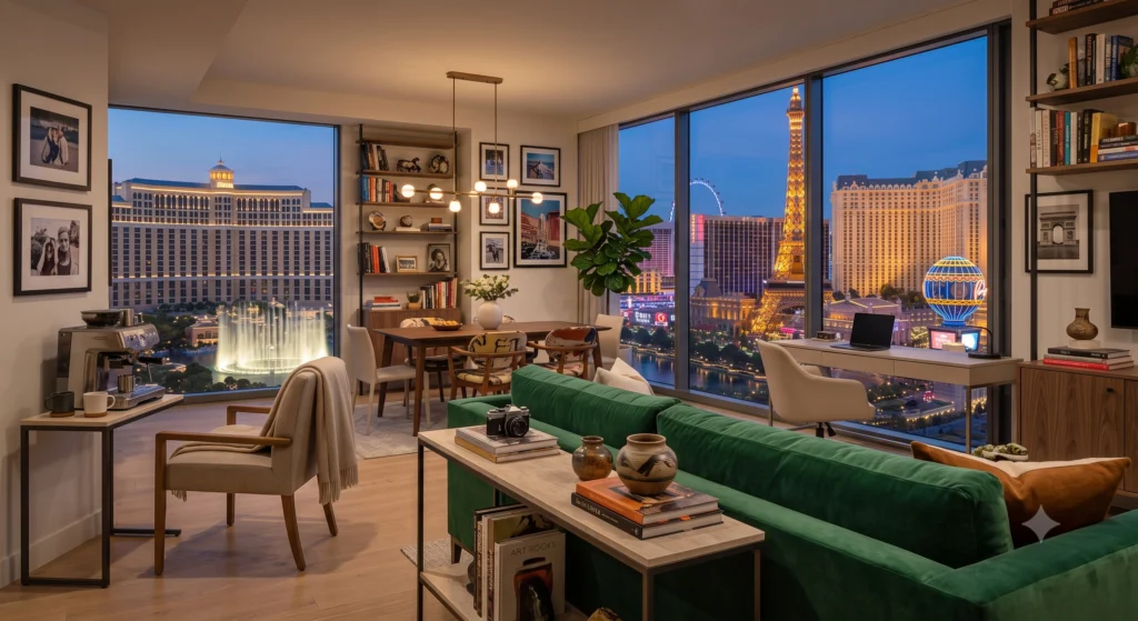 Las Vegas Airbnb with Strip view and modern interior.