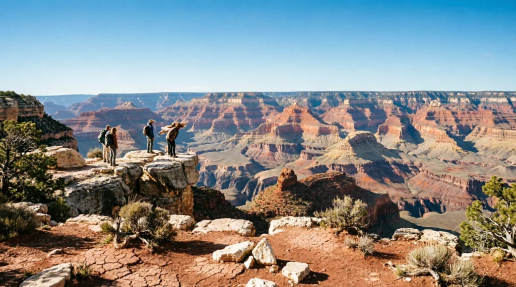 Visitors standing at a Grand Canyon rim viewpoint looking over the canyon