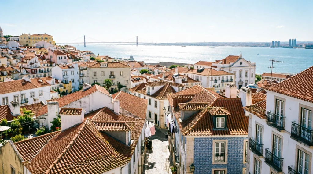 Panoramic view over terracotta rooftops of Alfama quarter in Lisbon Portugal toward the river.