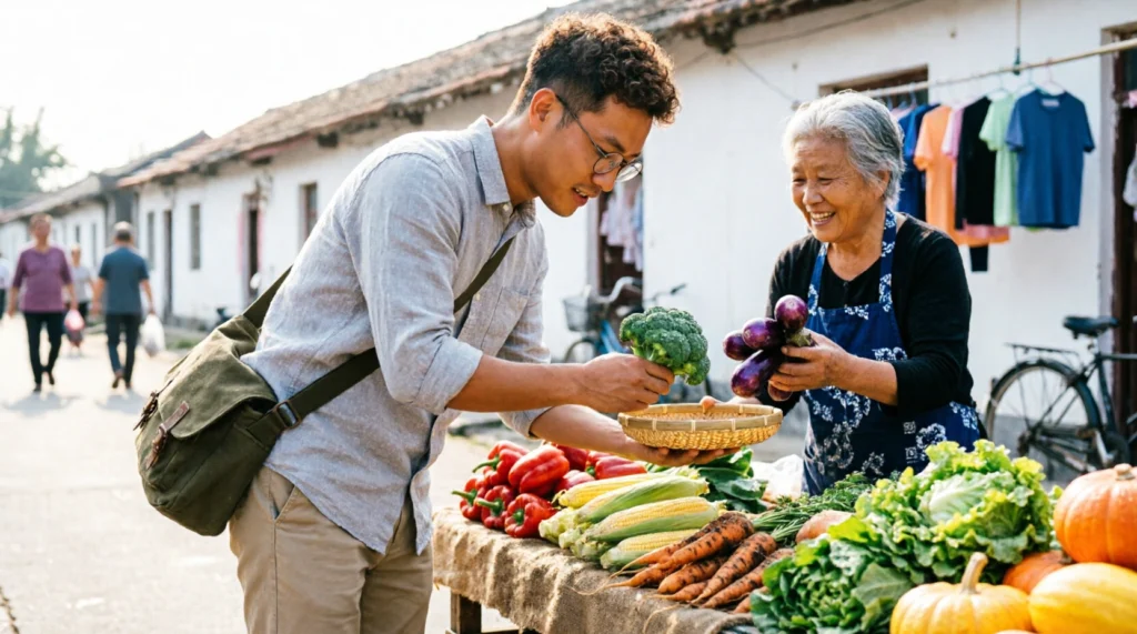 Morning market stall with fresh vegetables and a traveller picking produce in a local town.