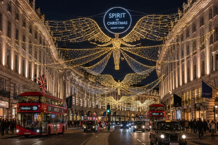 Glowing angel Christmas lights suspended over Regent Street in London with red double-decker buses driving below at dusk.