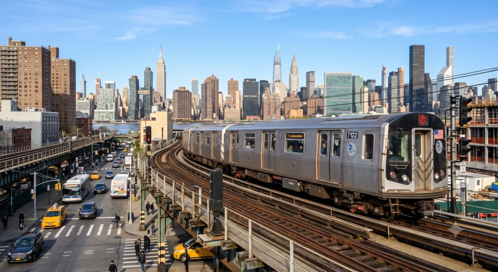 Subway train on elevated tracks in Long Island City Queens with Manhattan skyscrapers in the background.