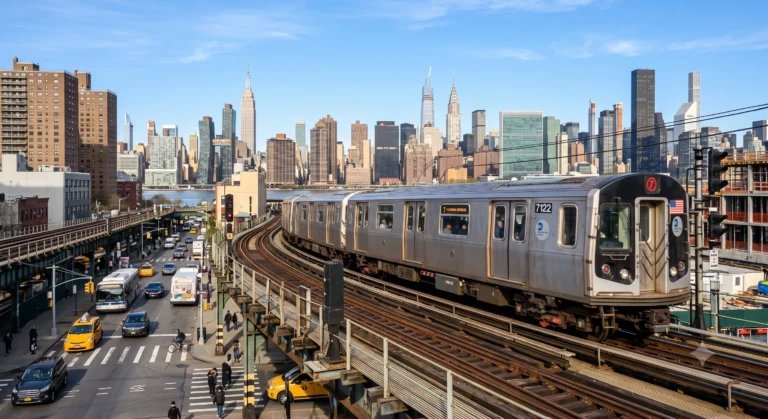 Subway train on elevated tracks in Long Island City Queens with Manhattan skyscrapers in the background.