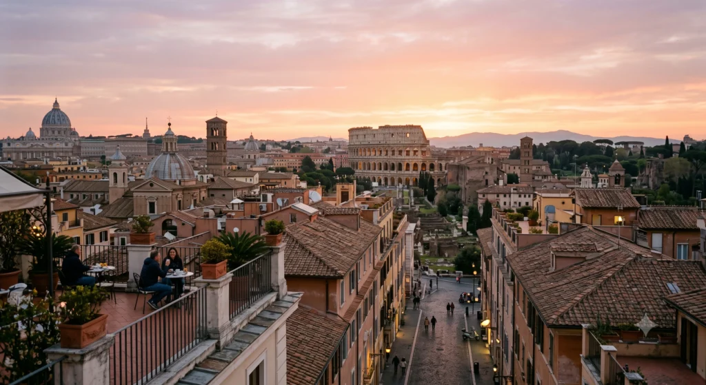 Historic Rome at sunrise with the Colosseum and surrounding city streets.