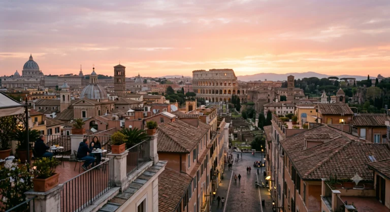 Historic Rome at sunrise with the Colosseum and surrounding city streets.