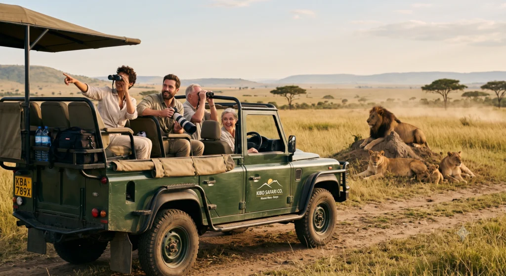 Safari vehicle observing lions in Maasai Mara Kenya