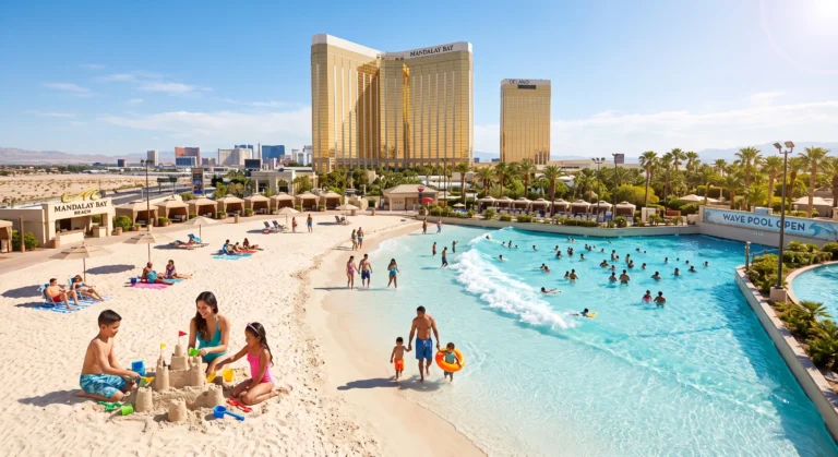 Wide shot of the Mandalay Bay wave pool and sandy beach area under bright sunlight with families swimming