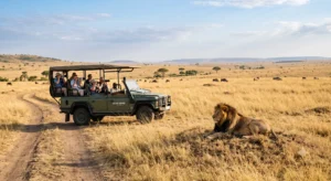Open 4x4 safari vehicle observing a male lion in the open savanna of the Masai Mara Kenya