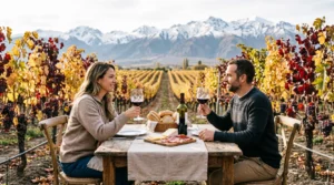 Couple having vineyard lunch in Mendoza Argentina with Andes mountains in the background.