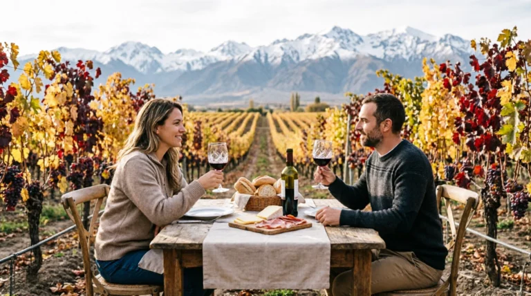 Couple having vineyard lunch in Mendoza Argentina with Andes mountains in the background.