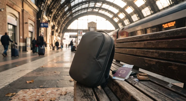 A minimalist carry-on travel backpack ready for a multi-city trip.