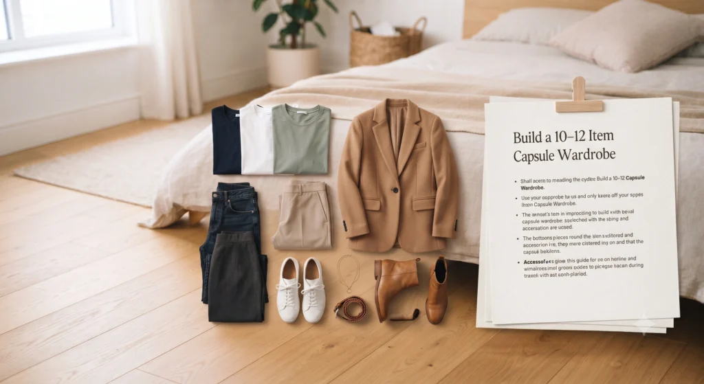 Minimal travel capsule wardrobe with neutral tops, bottoms, one jacket and shoes.