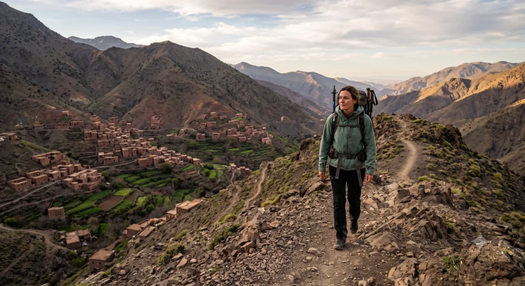 Hiker trekking through the High Atlas Mountains in Morocco