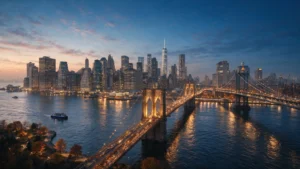 Manhattan skyline and bridges glowing during a crisp autumn evening in New York City.