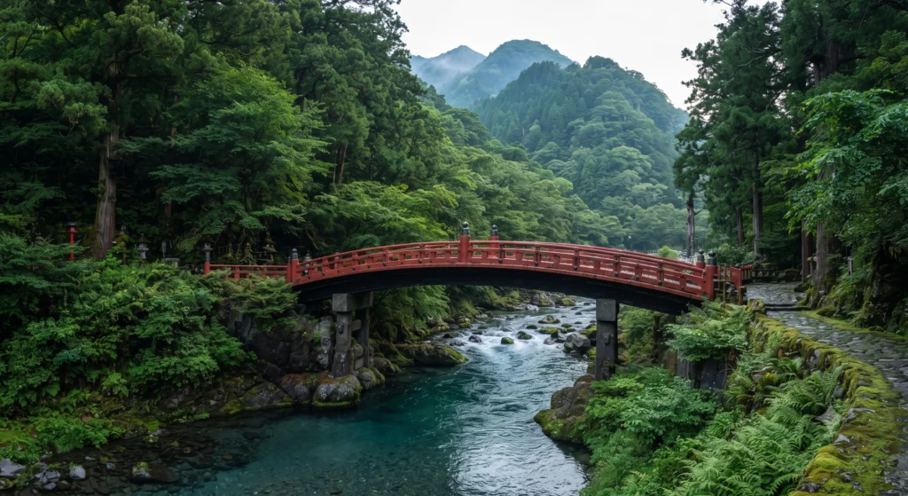 Red wooden Shinkyo Bridge crossing a river flanked by forested hills in Nikko National Park