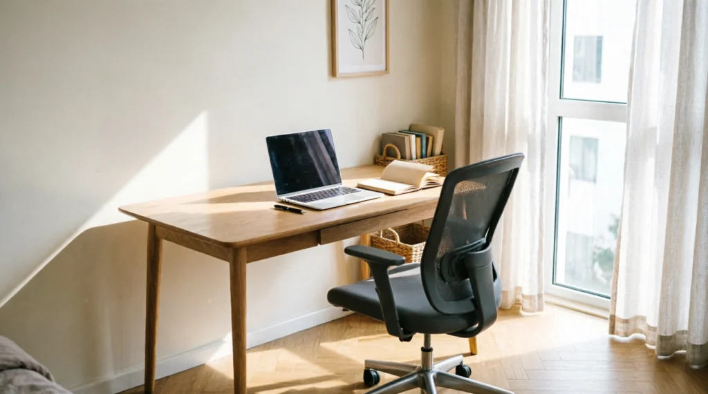 Bedroom workspace with a desk, chair, and laptop setup near a window in a guesthouse.