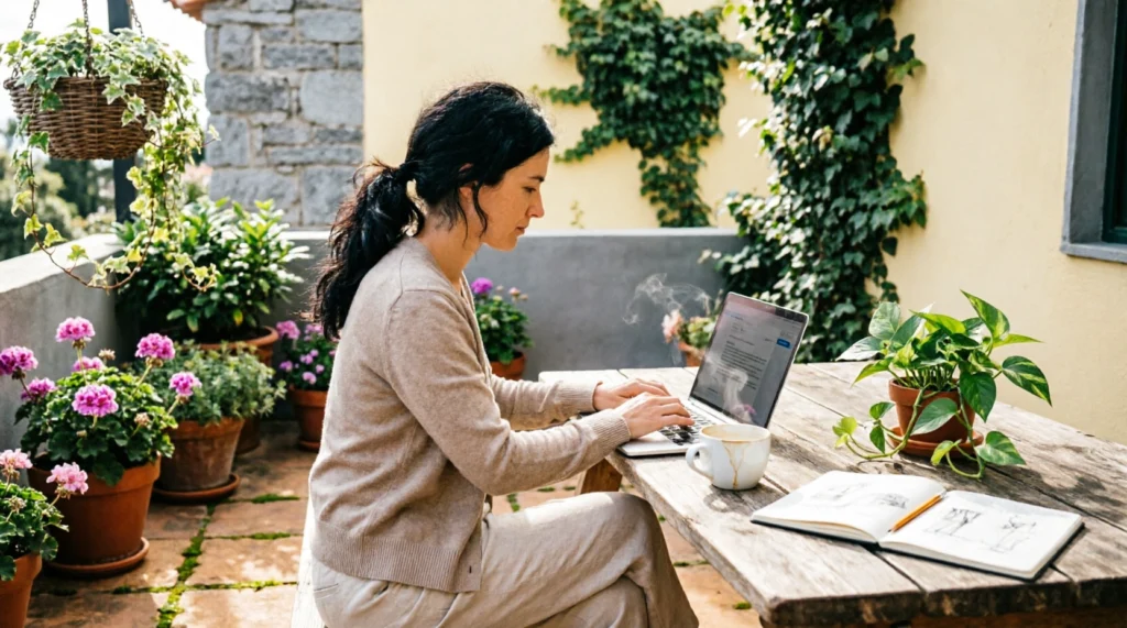 Remote worker sitting with a laptop on a sunny outdoor terrace at a coliving home.
