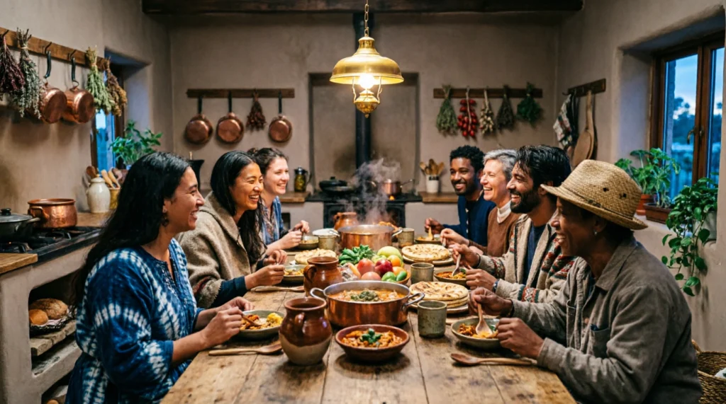 Group of digital nomads sharing a home-cooked dinner around a large coliving table.