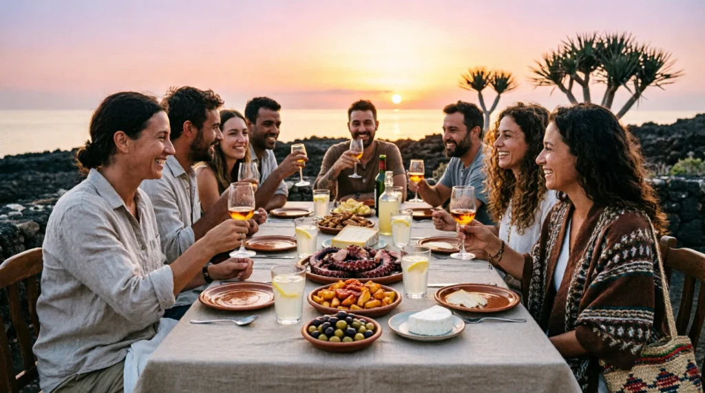 Group of digital nomads sharing dinner and drinks at a outdoor coliving table in Gran Canaria.