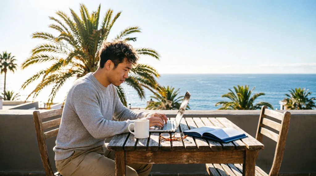 Digital nomad working on a laptop on a sunny rooftop terrace in Gran Canaria with ocean views.