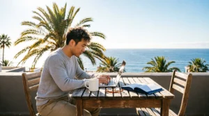 Digital nomad working on a laptop on a sunny rooftop terrace in Gran Canaria with ocean views.