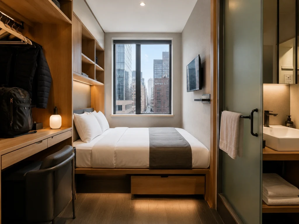 Where to Stay in NYC on a Budget: Neighborhoods, Smart Cuts & Trade-Offs 232 A compact, neatly designed micro-hotel room in New York City featuring efficient space-saving layout.