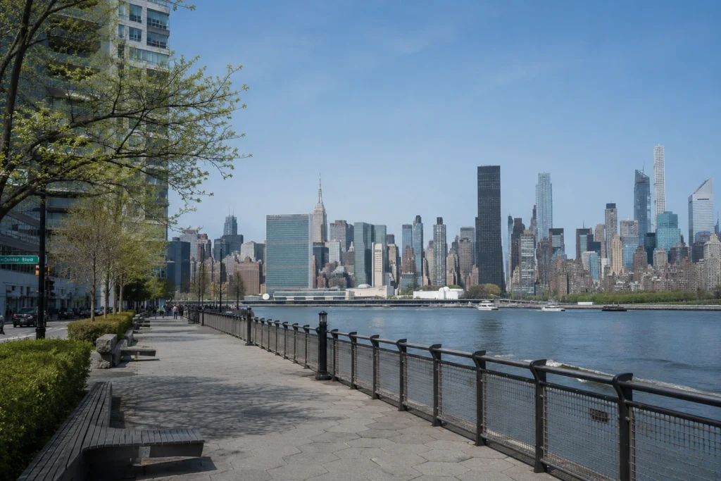 Where to Stay in NYC on a Budget: Neighborhoods, Smart Cuts & Trade-Offs 231 Manhattan skyline viewed across the East River from a quiet walkway in Long Island City, illustrating a smart budget base.