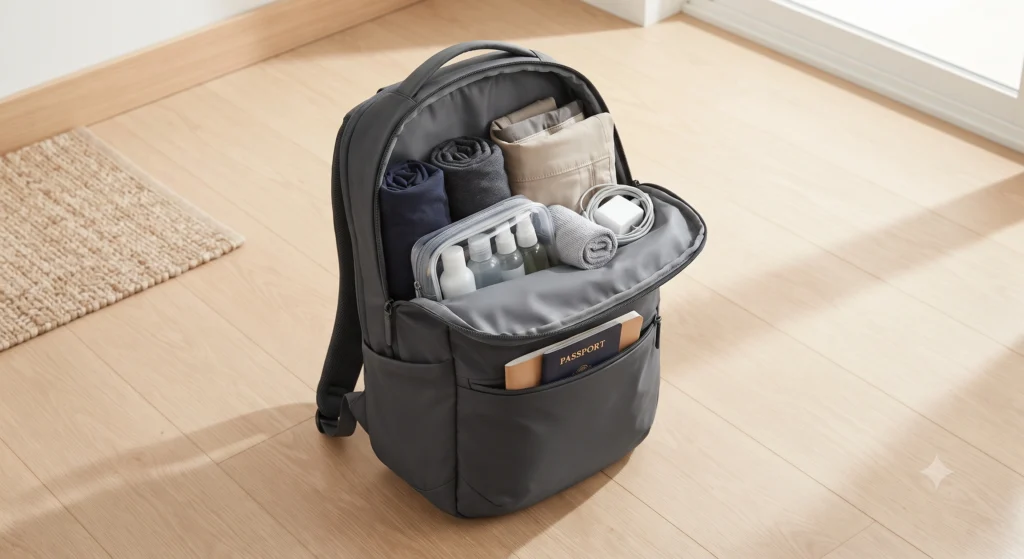 How to Travel Light Long Term: 20 Tips + Packing Checklist 232 A neatly packed carry-on bag showing a minimal travel setup