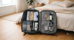 Open carry‑on backpack with packing cubes showing a minimalist 2‑week travel wardrobe.
