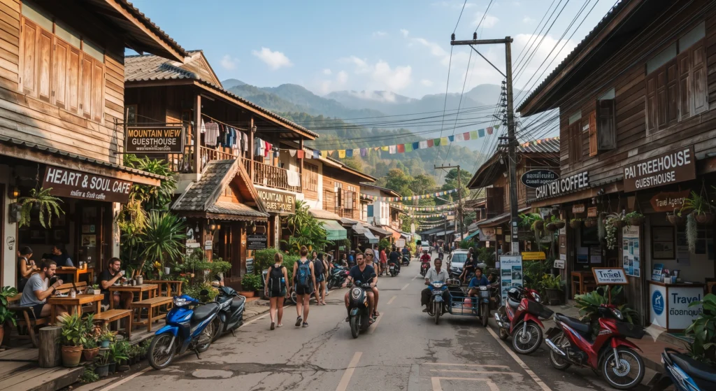 Road Trips in Thailand: Which Routes Are Actually Worth Your Time 232 Main street in Pai, northern Thailand, with guesthouses, cafes and motorbikes