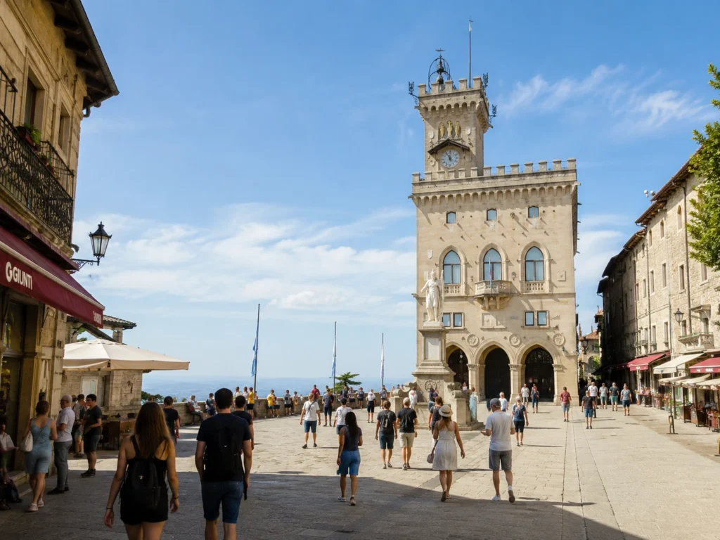 Visitors walking through Piazza della Libertà in San Marino's historic centre.