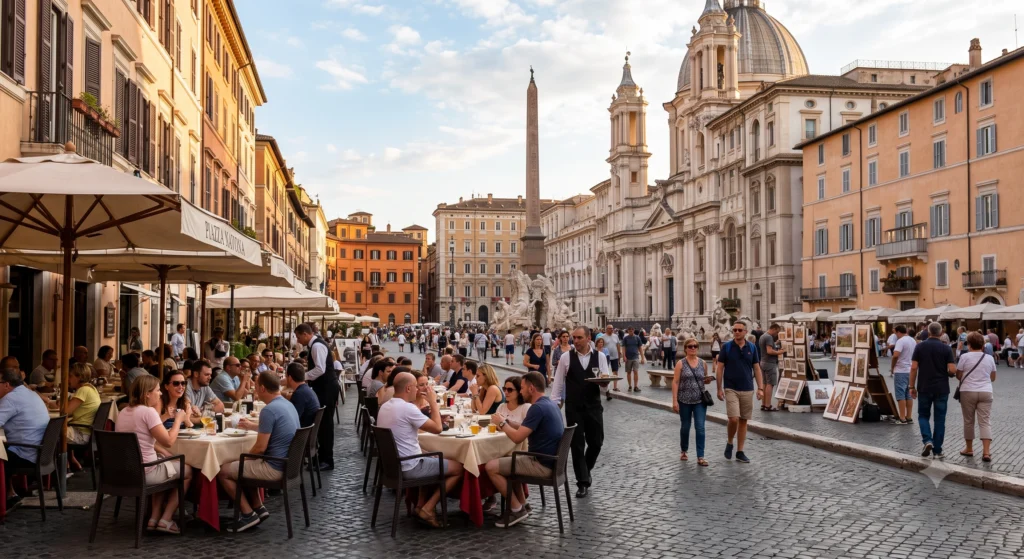 Visitors enjoying Piazza Navona cafés