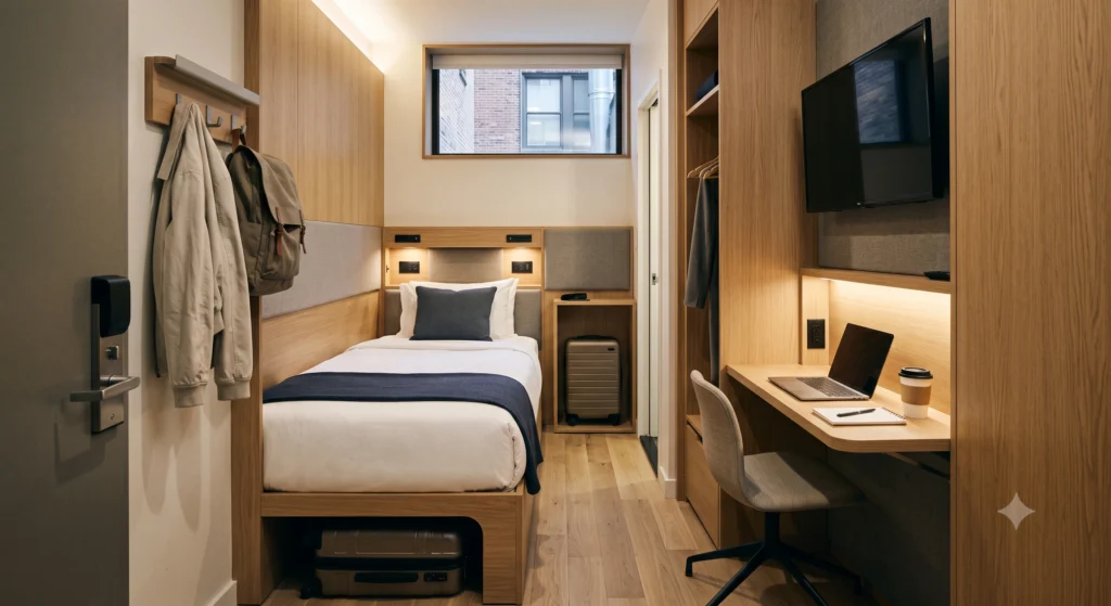 Compact interior room layout of a micro hotel room in Midtown Manhattan showing efficient desk and bed setup.