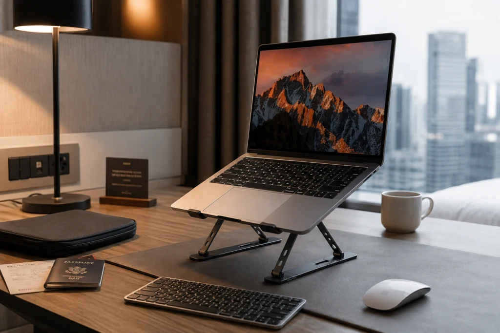 Lightweight portable laptop stand lifting a laptop for ergonomic remote work.