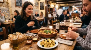 Traditional Portuguese food including seafood, bread and wine on a restaurant table