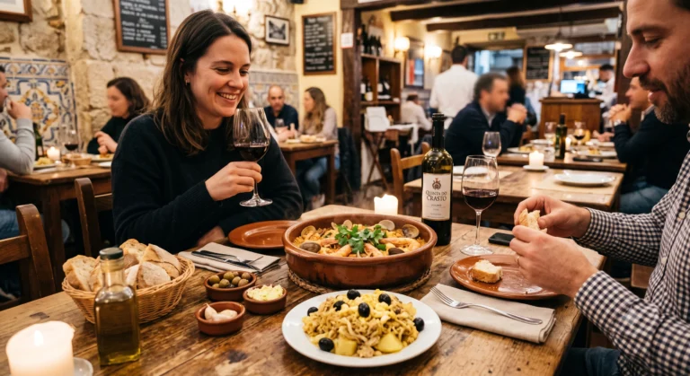 Traditional Portuguese food including seafood, bread and wine on a restaurant table