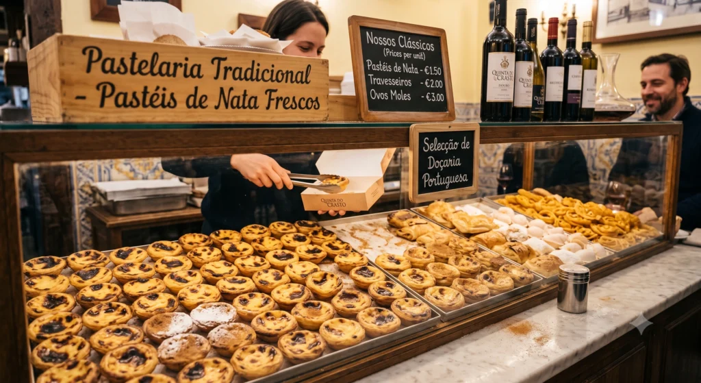 Fresh Portuguese custard tarts in a Lisbon bakery
