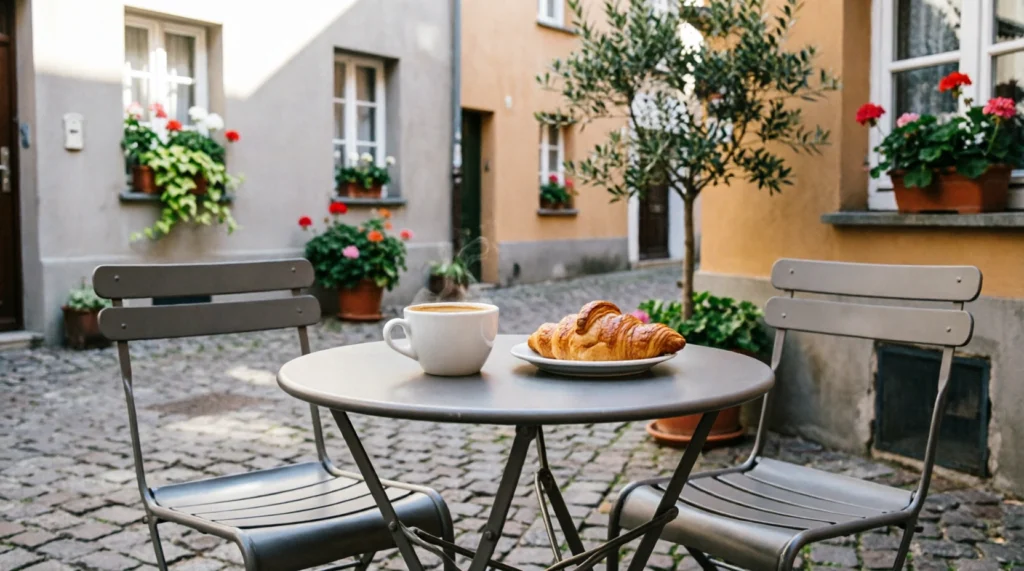 Quiet café table on a cobblestone plaza in a European neighborhood away from crowds.