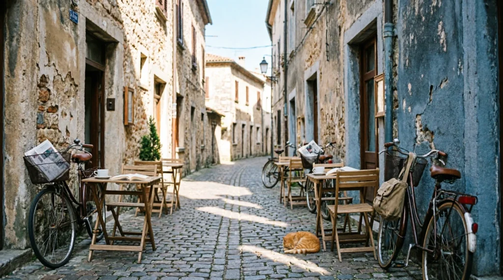 Quiet cobblestone street in a quiet historic town with bikes and local cafe seating.