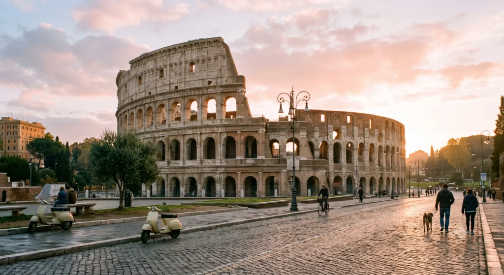 Early morning view of the Colosseum during a one-day visit to Rome
