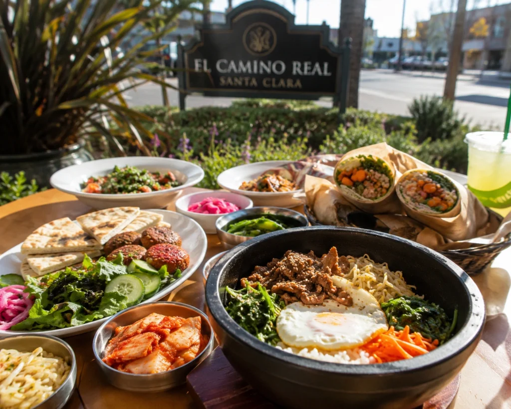 Santa Clara Global Food Guide: Beyond the Stadium & Silicon Valley Hype 231 A spread of diverse international dishes representing Santa Clara’s multicultural dining scene on a sunlit table.