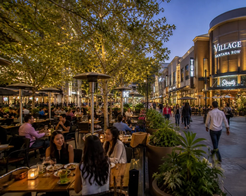 Santa Clara Global Food Guide: Beyond the Stadium & Silicon Valley Hype 233 People enjoying outdoor dining under string lights at Santana Row in Santa Clara.