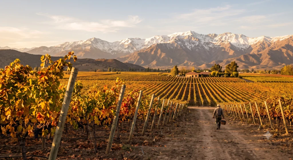 Vineyard vines with Andean mountain backdrop in Maipo Valley Chile
