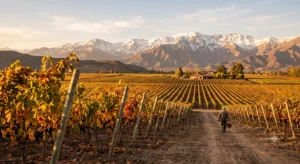 Vineyard vines with Andean mountain backdrop in Maipo Valley Chile