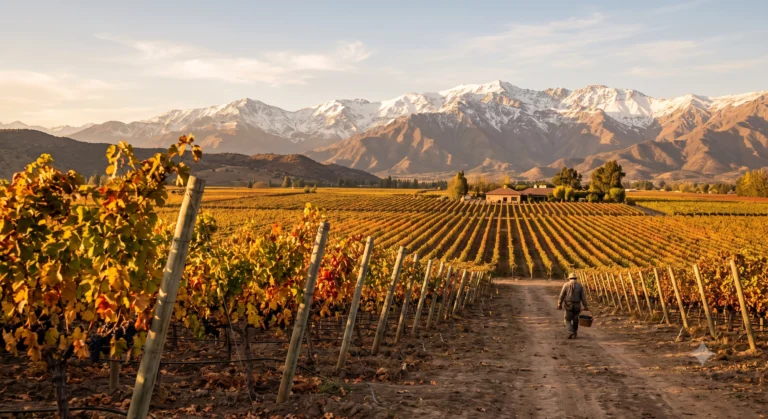 Vineyard vines with Andean mountain backdrop in Maipo Valley Chile