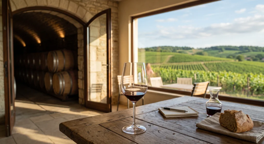 Wine tasting glass and vineyard view in Colchagua Valley