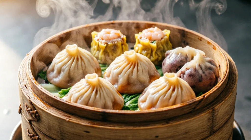 Steamed dumpling baskets arranged at a local Shanghai restaurant.