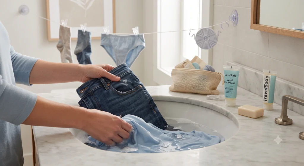 Traveller hand washing clothes in a sink with travel detergent and a small clothesline.